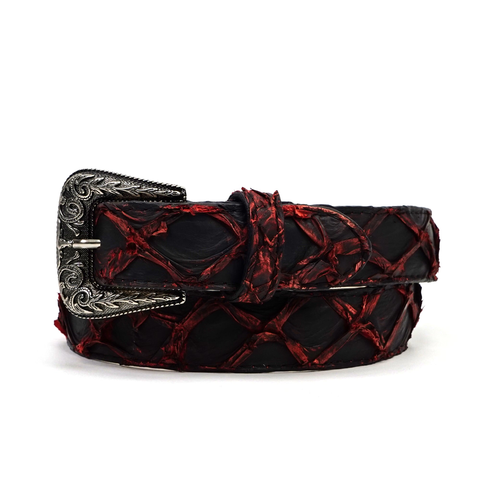 Cinturón de Pirarucú Exótico con Acolchado Completo - Rojo/Negro (C-028)