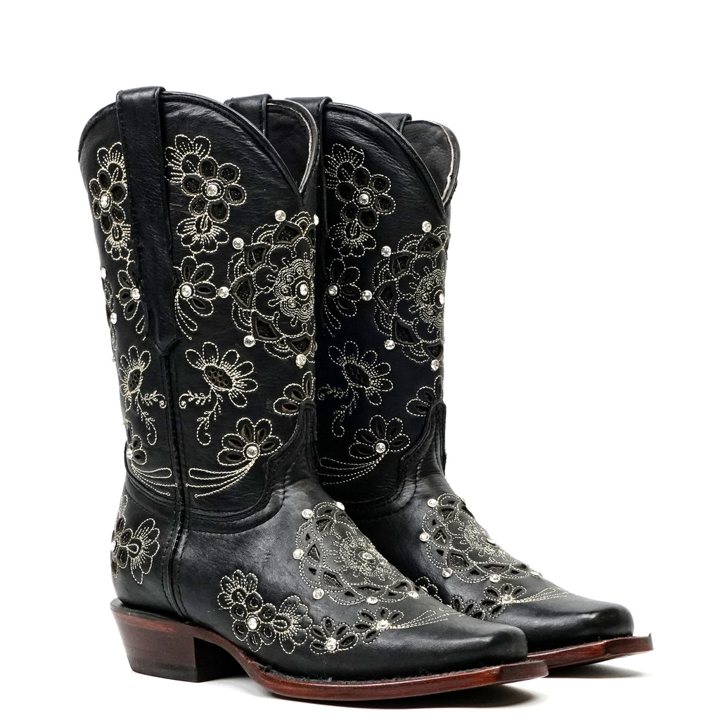 Liga - Botas Black Mayan Flower de caña corta - Punta cuadrada estrecha (E328)