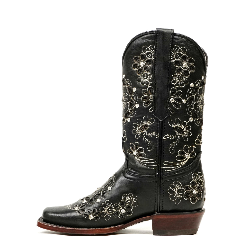 Liga - Botas Black Mayan Flower de caña corta - Punta cuadrada estrecha (E328)