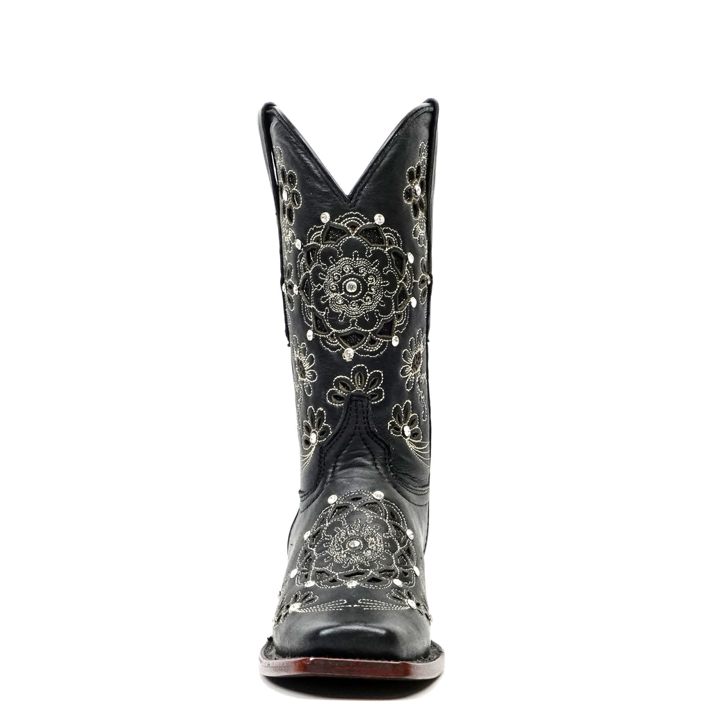 Liga - Botas Black Mayan Flower de caña corta - Punta cuadrada estrecha (E328)