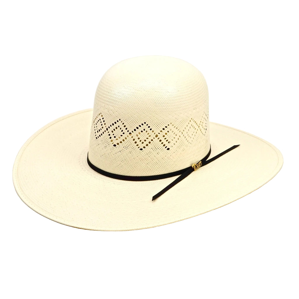 Beige straw hat with decorative band on a white background