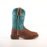 The Rustic Turquoise Brown boots, made from premium cowhide leather, feature intricate embroidery on the shaft and a decorative western-style pattern. They have pull loops labeled DOCS COUNTRY, a sturdy rubber sole, are handcrafted, brown with teal blue elements, and waterproof with a soft toe.