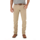 Someone is wearing Mens Wrangler Retro Slim Fit Straight Leg Pants from 1088MWZFN, styled with a brown belt and boots. The upper body features a gray T-shirt against a simple white background.