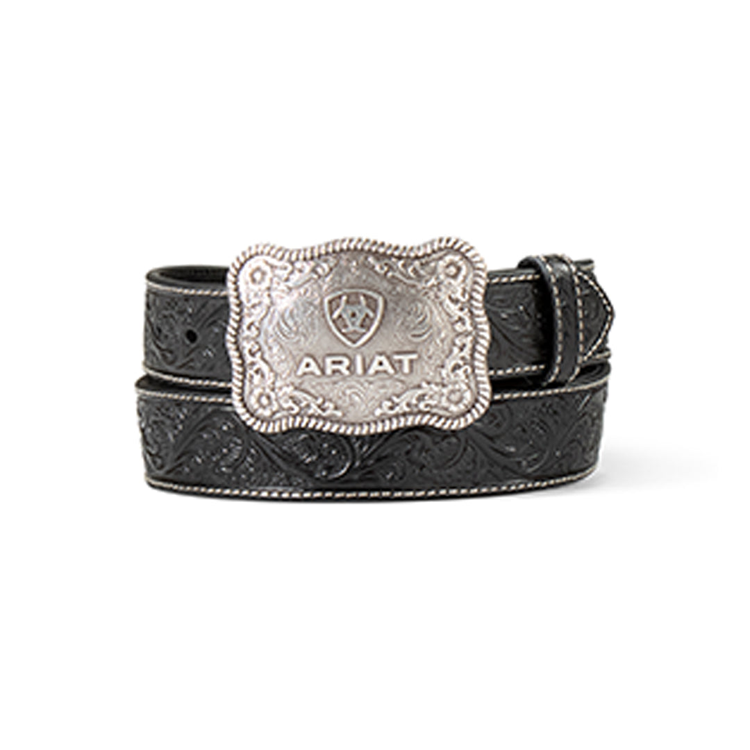 The Mens Ariat Black Embossed Plate Buckle Belt - A1020401 blends Western heritage with rugged elegance, featuring a black leather design with an embossed floral pattern and a large decorative silver buckle engraved with the ARIAT brand and shield logo.