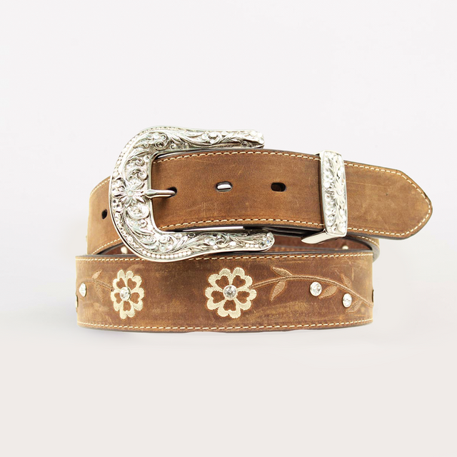 The Ariat Womens Floral Rhinestone Concho Belt (A1510202) epitomizes western style with its ornate silver buckle, floral embroidery, and silver studs. Coiled against a plain white background, this brown leather belt is a standout in womens fashion.