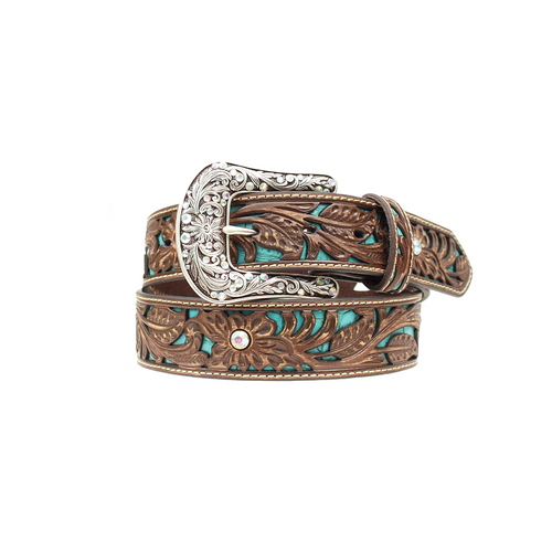 Ariat Western Womens Belt Leather Rhinestones Turquoise Inlay Brown A1513402