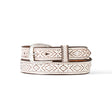 The Ariat Western Womens Belt in Leather Southwest Embossed White (A1565905) features a stylish geometric pattern with diamond shapes in white and brown, paired with a polished metallic buckle. This elegant piece showcases exquisite leather designs rolled up against a white background.