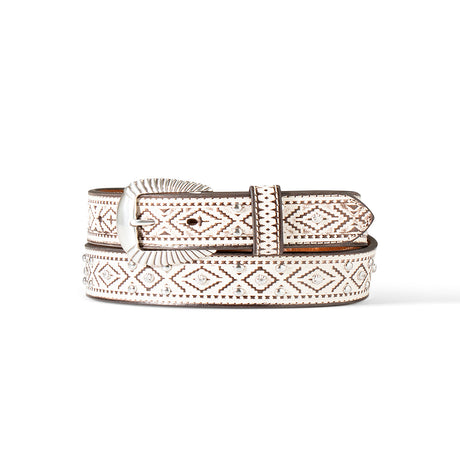 The Ariat Western Womens Belt in Leather Southwest Embossed White (A1565905) features a stylish geometric pattern with diamond shapes in white and brown, paired with a polished metallic buckle. This elegant piece showcases exquisite leather designs rolled up against a white background.