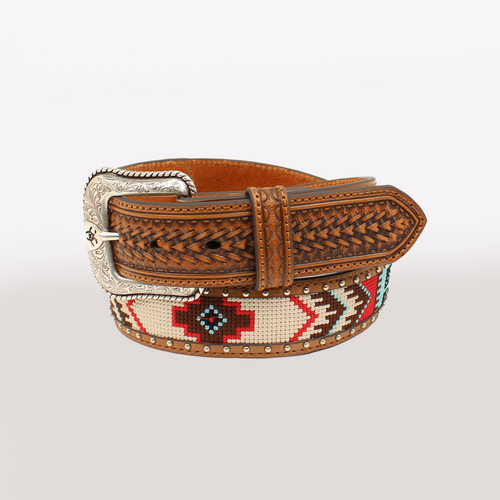 Ariat Men's Brown with Aztec and Studs Basketweave Western Belt - A1033297