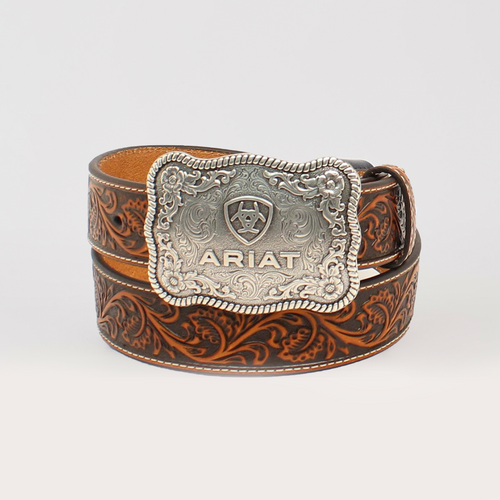 Ariat Men's Etched Silver Buckle & Brown Genuine Leather Floral Tooled Belt - A1020467