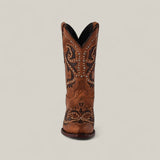 Front view of the Dolly - Brown - Snip Toe boot, showcasing intricate embroidery and decorative studs, set against a neutral background.