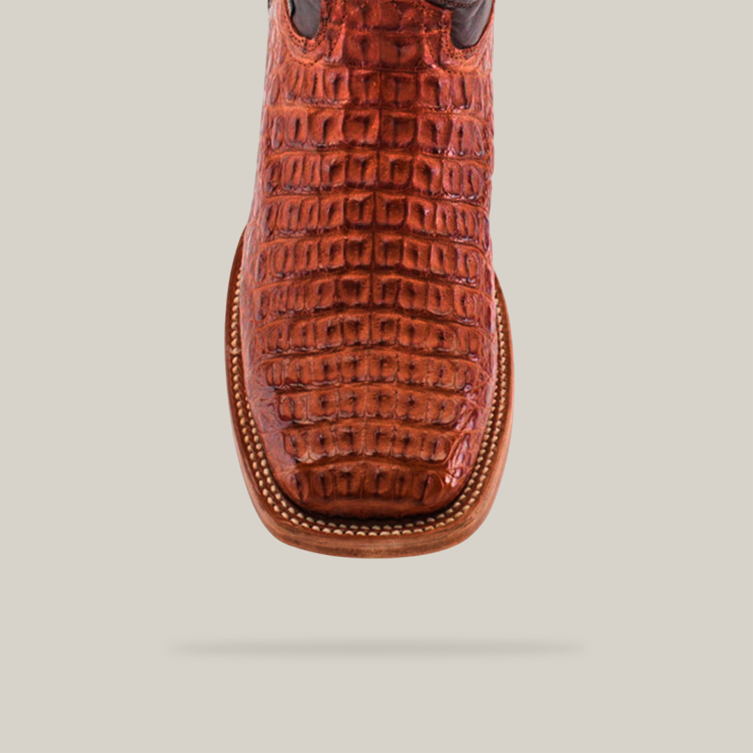 A top-down view of the Exotic Caiman Horn Back cowboy boot in tan, featuring a crocodile pattern and crafted from luxurious Brandy leather. It has a square toe and decorative stitching around the sole, shown against a light beige background.