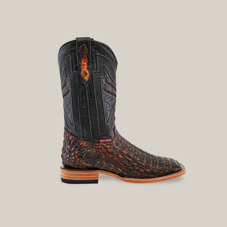 The Exotic Caiman Horn Back - Roma is a standout single cowboy boot with dark stitching, a textured scaled lower section, a wooden heel, and square toe. Its adorned with a small red label near the ankle on beige leather—ideal for any Western wardrobe.