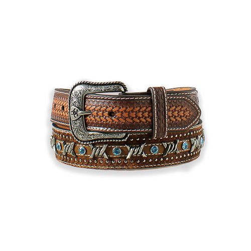 Ariat Men's Brown Barbed Wire and Calf Hair with Light Blue Studs Western Belt - A1027202