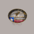 The Texas Bull Rider Buckle is an oval belt buckle with a striking blend of gold and alpaca silver, displaying TEXAN at the top. It features a cowboy on horseback with PRIDE, along with a Texas flag motif and star on a red and blue backdrop, elegantly showcased on a stand.