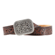 The Ariat Western Womens Filigree Tooled Dark Brown Leather Belt (A10006957) features intricate embossing and a detailed floral design on its ornate silver buckle, showcasing western flair and adding elegance to womens belts. Coiled perfectly, it displays the beautifully crafted buckle.