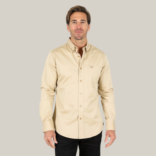 Men’s Single Pocket Logo Modern Fit Stretch Dress Shirt - Beige - CTL9261