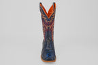 A single navy cowboy boot from the McGraw collection with a square toe, reptile-like texture, and detailed red and yellow stitching on the shaft, displayed upright against a plain light background.