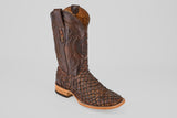 The Exotic Pirarucu Fish - Brown - Square Toe boot features textured, scale-like leather on the foot, decorative shaft stitching, and a light wooden sole, shown solo against a plain gray background.