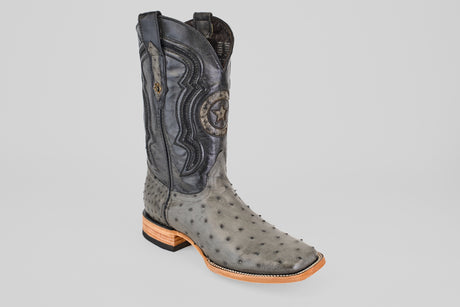 The Exotic Full Quilt Ostrich - Gray - Square Toe features dark decorative stitching, a star design on the shaft, a gray ostrich leather upper, square toe, and a light stacked heel and sole shown against a plain light background.