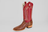The Thompson - Red / Brown - Square Toe ostrich boot from the Platinum Collection features a brown ostrich leather foot, a tall red shaft with yellow and white stitching, and a square toe, displayed on a light gray background.
