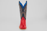 The Crowley - Red - Square Toe boot features a red leather foot, a black and blue shaft with yellow and blue stitching, and is displayed upright against a gray background.