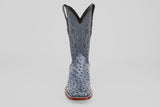 The Exotic Full Quilt Ostrich - Safari Gray - Square Toe boot is shown from the front, featuring decorative stitching, square toe, and full quill ostrich leather on a plain white background.