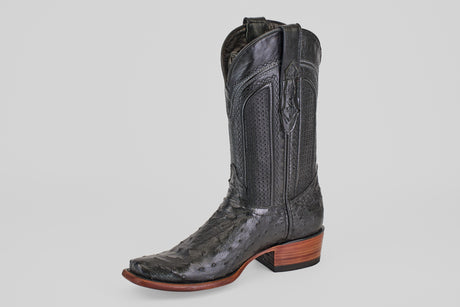 The Exotic Ostrich - Black - Narrow Square Toe boot features decorative stitching, a narrow square toe, and a wooden block heel, displayed against a plain light gray background.
