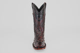 A single Exotic Ostrich - Black Cherry - Rodeo Toe cowboy boot with decorative stitching and a textured leather pattern, photographed from the front against a plain light background.