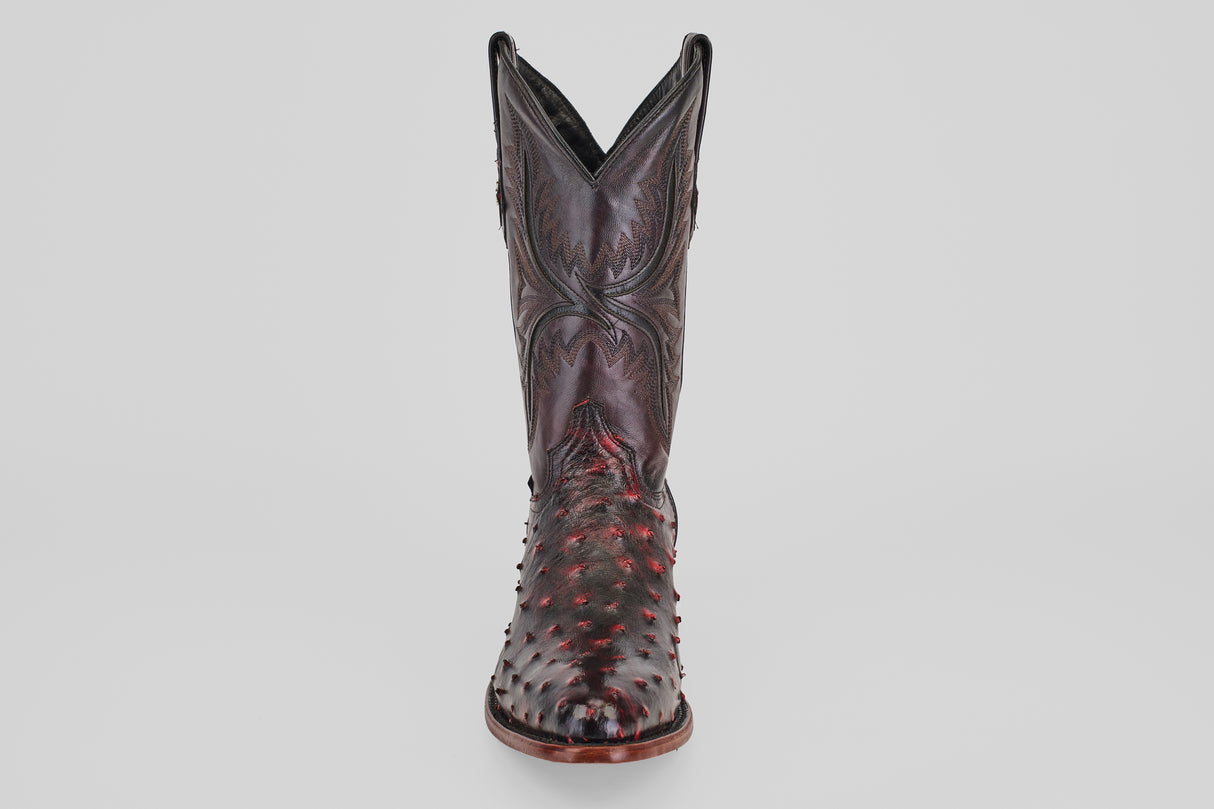 A handcrafted Exotic Full Quilt Ostrich boot in Black Cherry with a round toe, textured bumpy ostrich leather, and decorative stitching, displayed from the front against a plain light background—Western style.