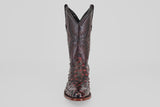 A handcrafted Exotic Full Quilt Ostrich boot in Black Cherry with a round toe, textured bumpy ostrich leather, and decorative stitching, displayed from the front against a plain light background—Western style.