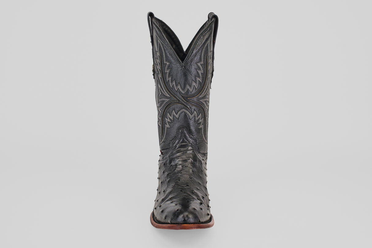 The Exotic Full Quilt Ostrich - Black - Round Toe boot features decorative stitching and classic Western style, displayed front-facing against a plain light gray background.