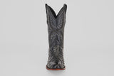 The Exotic Full Quilt Ostrich - Black - Round Toe boot features decorative stitching and classic Western style, displayed front-facing against a plain light gray background.