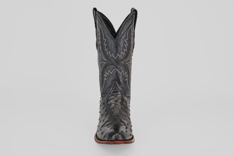 The Exotic Full Quilt Ostrich - Black - Round Toe boot features decorative stitching and classic Western style, displayed front-facing against a plain light gray background.