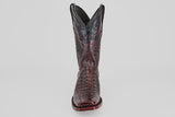 The Exotic Caiman Hornback - Blackcherry - Rodeo Toe boot, featuring a pointed toe, crocodile texture, and decorative stitching, stands upright against a plain light background.
