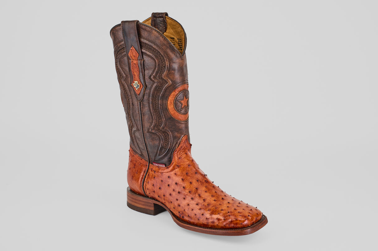 The Austin - Brandy - Square Toe cowboy boot features a brown leather upper, orange ostrich leather foot, decorative stitching, and a side pull strap, displayed on a light plain background.