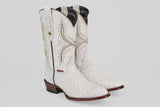 A pair of Austin - White - Round Toe boots, featuring decorative stitching, textured leather, round toes, and brown stacked heels with distinctive oval patterns, displayed on a plain light background.