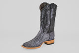The Austin Leg - Blue Jean - Square Toe men's cowboy boot features a patterned grey lower resembling ostrich leather, a black upper shaft with decorative stitching, a light brown sole, and a low heel, shown against a white background.