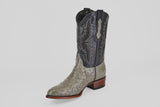 The Austin - Oxford - Round Toe is a men’s cowboy boot with a light gray ostrich leather foot and a dark, stitched leather shaft, plus a wooden heel and round toe, shown on a plain white background.