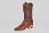 A single Austin - Tabaco - Roper Toe men’s cowboy boot in brown ostrich leather with a roper toe, decorative shaft stitching, and a wooden heel is shown on a plain light gray background.