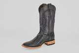 The Austin Leg - Black - Square Toe is a single black cowboy boot with decorative stitching, a square toe, and a light brown wooden heel, displayed on a plain light gray background. Ideal for fans of classic cowboy boot style.