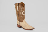The Austin - Bone - Snip Toe is a western boot featuring a tan ostrich leather foot, light brown shaft with stitched patterns, pull straps, a wooden heel, and snip toe—ideal for ostrich leather cowboy boot enthusiasts.