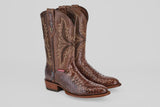 A pair of Tanner - Brown - Round Toe cowboy boots with a textured Python Cafe Oval snakeskin foot and decorative calf stitching, shown against a plain light background.