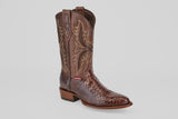 A single Tanner - Brown - Round Toe cowboy boot with a textured Python Cafe Oval lower, decorative stitching on the upper shaft, and a low wooden heel, shown on a plain white background.