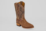 The Tanner - Tamarindo - Round Toe is a brown cowboy boot featuring a Python Tamarindo snakeskin-patterned foot, intricate stitching on a tall leather shaft, stacked wooden heel, and handy pull straps.