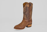 The Tanner - Tamarindo - Round Toe is a single brown cowboy boot with a Python Tamarindo-style textured foot and intricate stitching on the leather shaft, displayed against a plain light background.