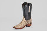 The Tanner - Natural - Narrow Square Toe cowboy boot features a black leather upper, beige snakeskin-textured lower section, narrow square toe, and wooden heel—showcasing classic Western style on a plain light background.