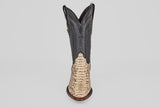 A single Tanner - Natural - Snip Toe cowboy boot, featuring a light tan Python Natural H-82 textured lower and a dark, smooth upper shaft, is displayed front-facing against a plain white background.