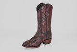 The Tanner Jumbo - Black Cherry - Round Toe is a single cowboy boot in dark cherry python leather, with decorative stitching on the tall shaft, a low heel, and a textured, scaly finish, shown against a plain light background.