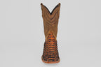 A single Tanner Jumbo – Chestnut – Square Toe cowboy boot in python leather, featuring intricate shaft stitching and a textured scaly foot, photographed from the front on a plain white background.